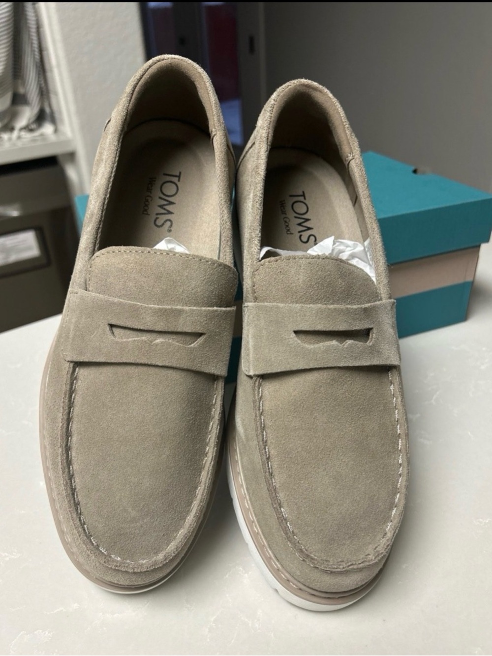 Toms Men’s Suede Penny Loafers in Light Taupe